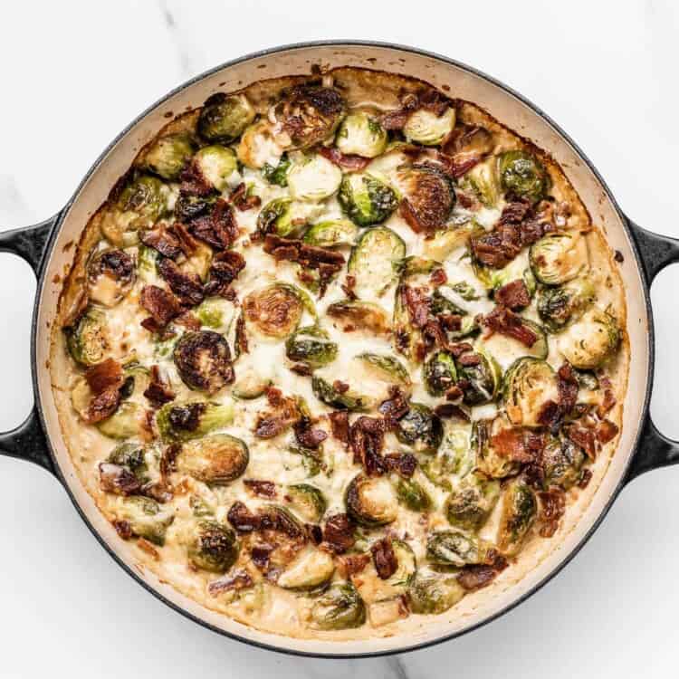 Brussels Sprouts au Gratin in a baking dish