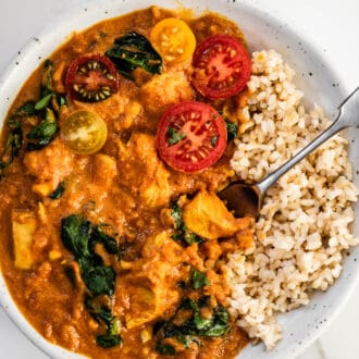 Coconut Chicken Curry in a bowl with rice