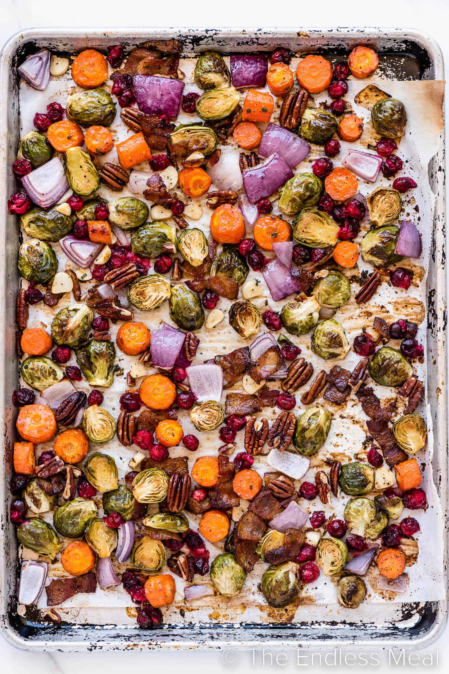 Thanksgiving roasted vegetables on a baking sheet