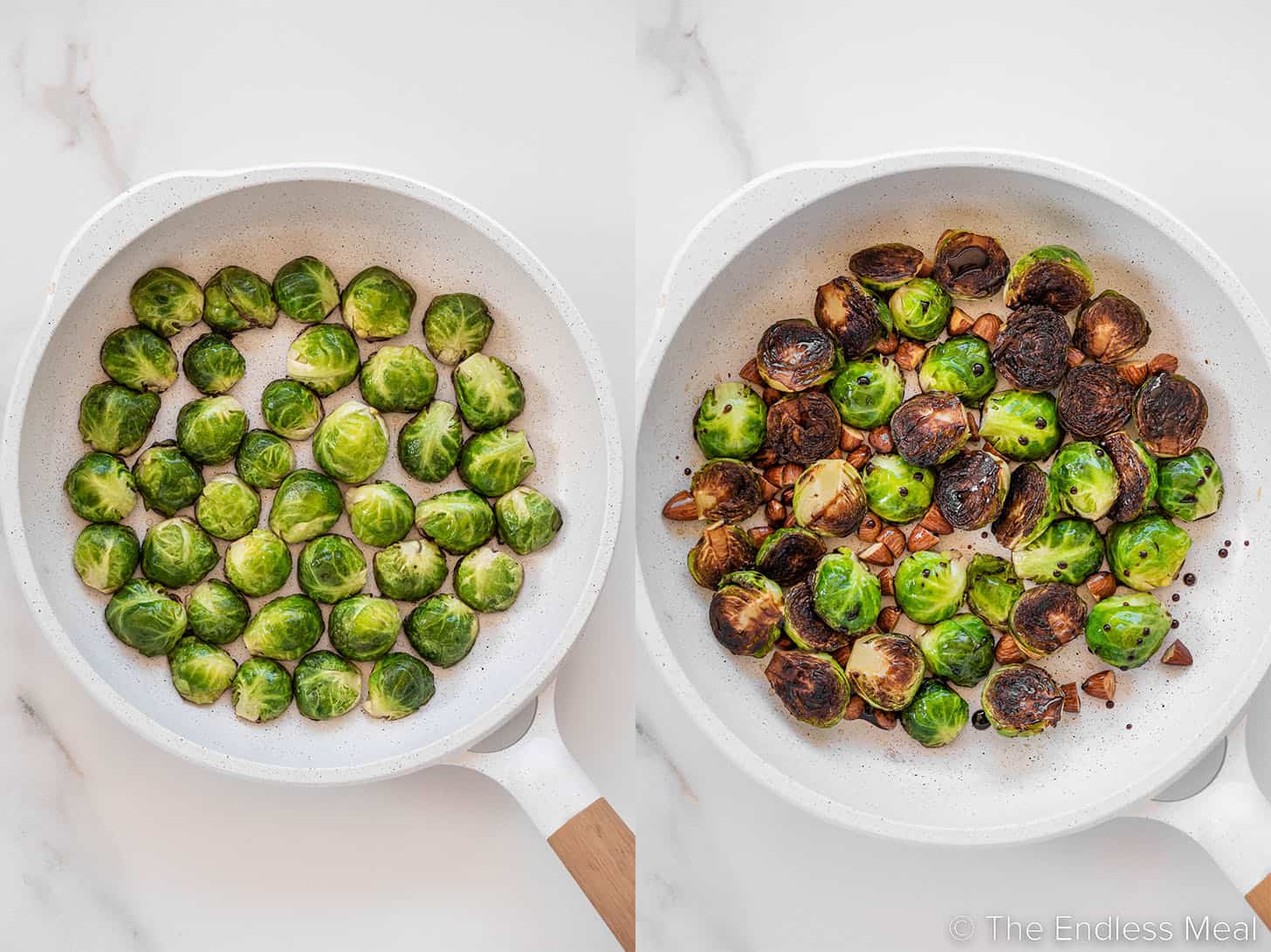 two pictures showing how to make Pan Seared Brussels Sprouts