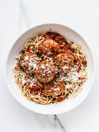 Meatballs in Tomato Sauce on spaghetti in a bowl