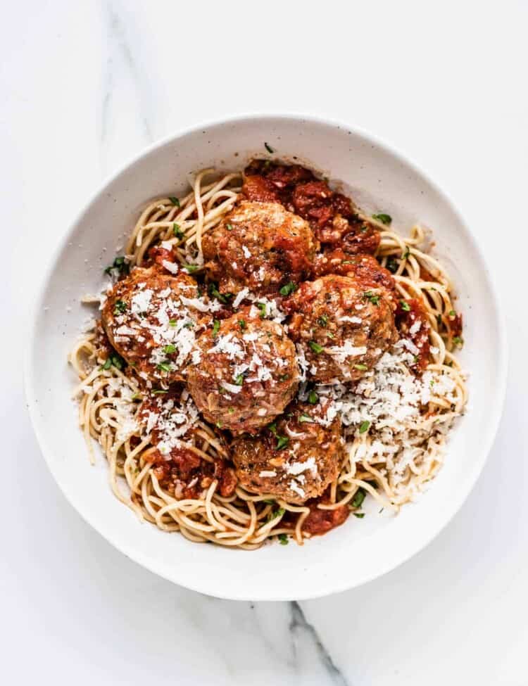 Meatballs in Tomato Sauce on spaghetti in a bowl