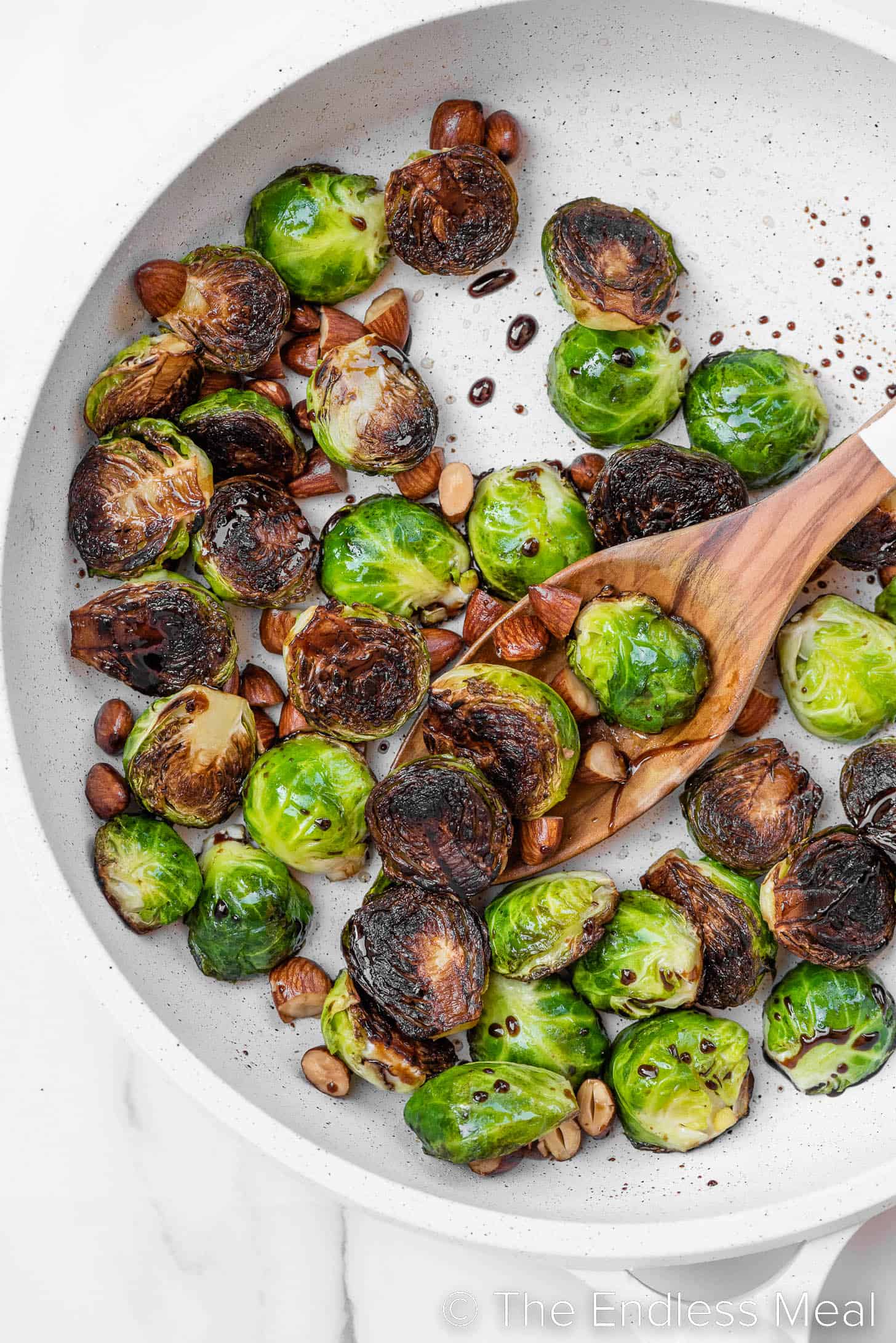 Pan Seared Brussels Sprouts in a frying pan