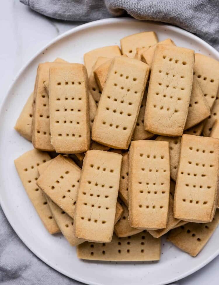 Scottish Shortbread Cookies piled high on a plate