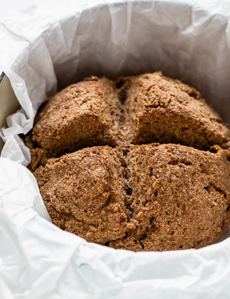 Irish soda bread made with whole wheat flour fresh out of the oven