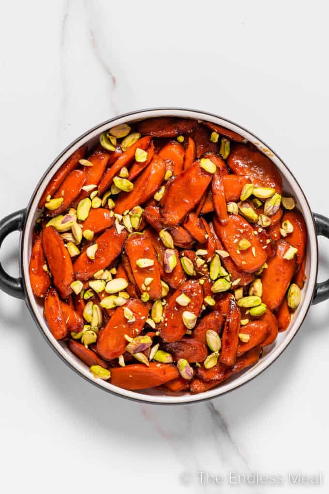 Bourbon glazed carrots in a serving dish