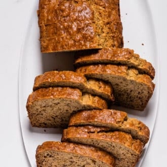 looking down on slices of banana bread made with buttermilk