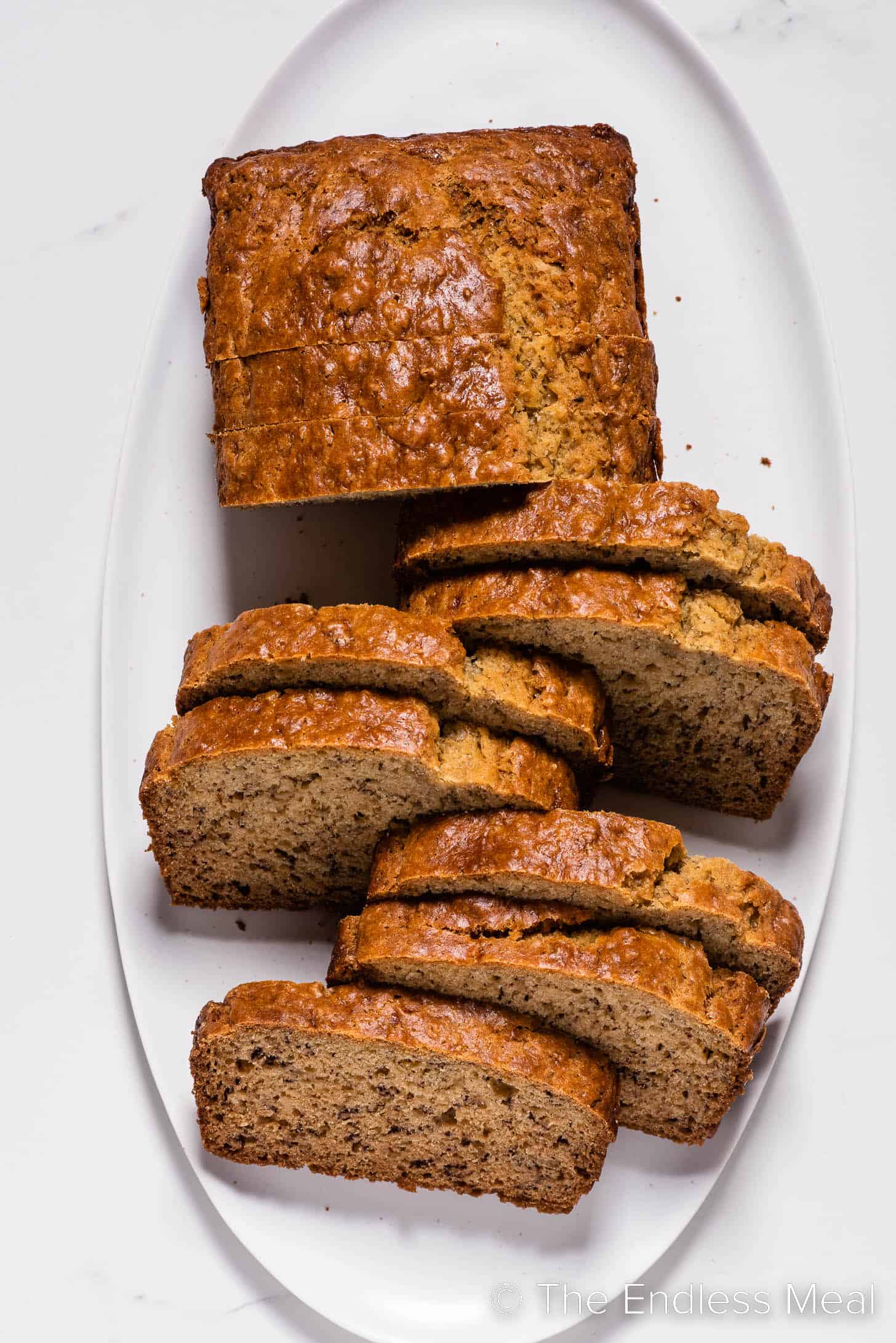 looking down on slices of banana bread made with buttermilk