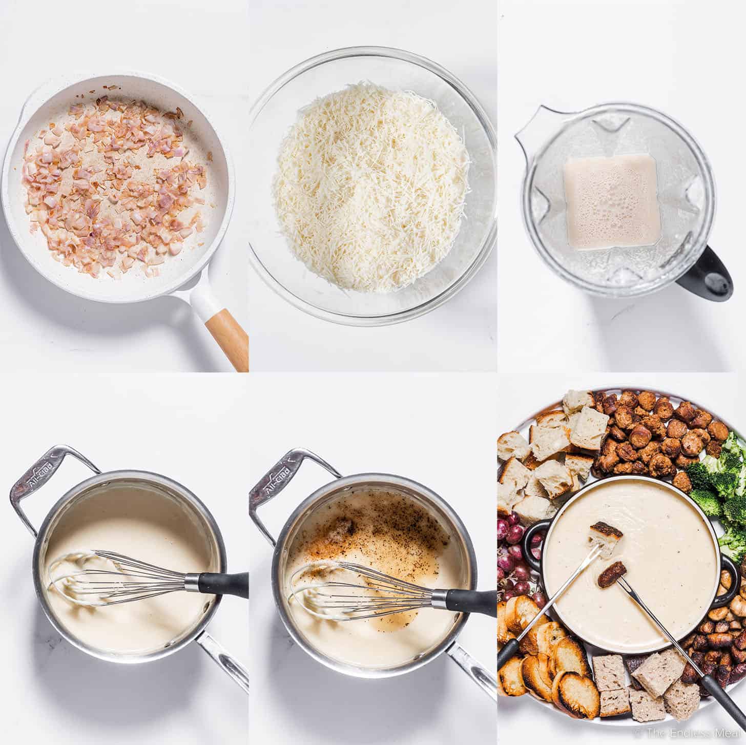 a collage of pictures showing how to make a Gruyere Cheese Fondue