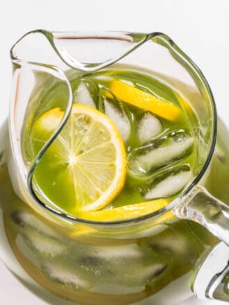 Matcha Lemonade in a glass pitcher