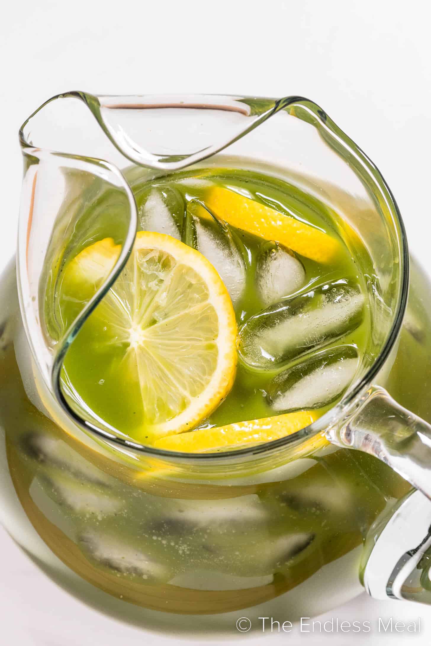 Matcha Lemonade in a glass pitcher