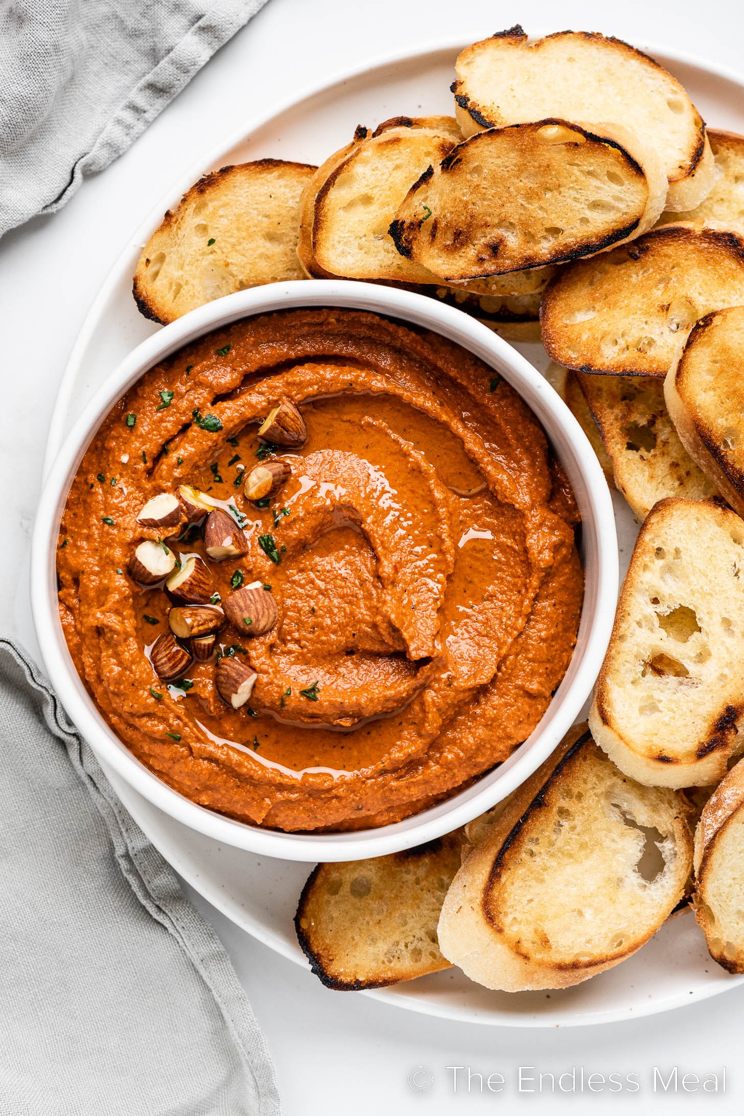 Romesco Sauce in a bowl surrounded by crostini bread
