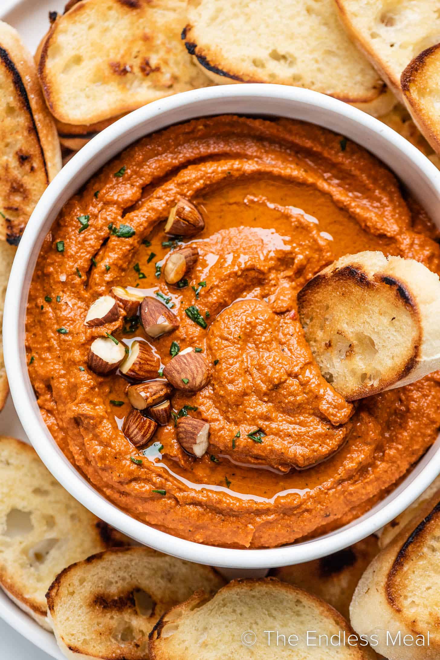 looking down on a bowl of romesco dip with bread