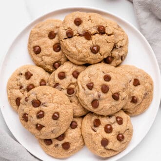 Looking down on a plate of Whole Wheat Chocolate Chip Cookies.