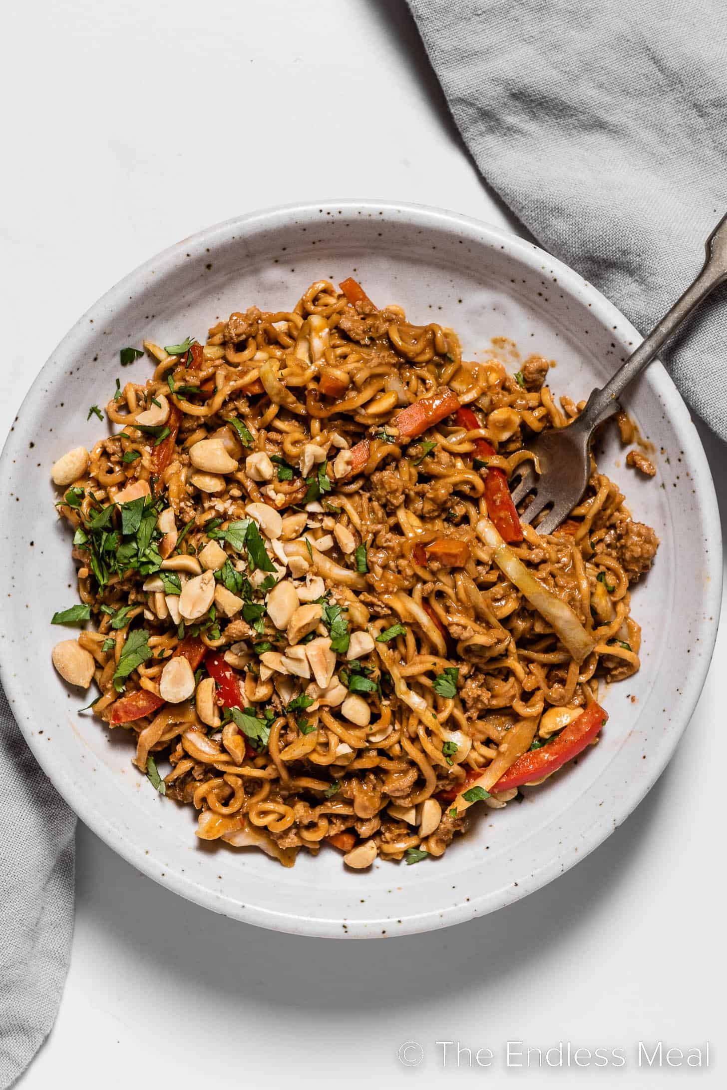 Thai Chicken Peanut Noodles in a bowl with a fork