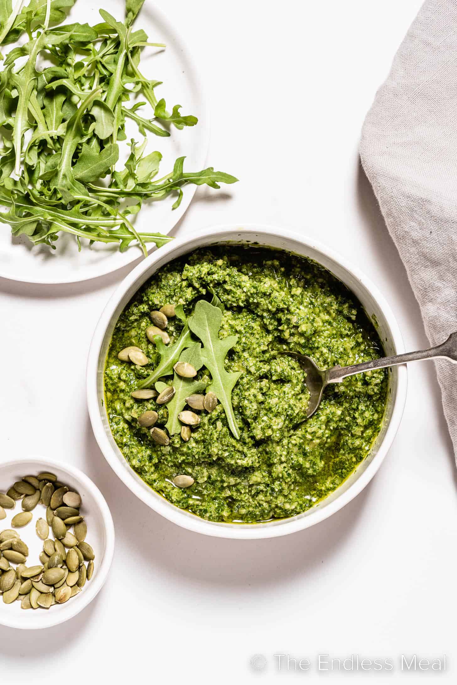 pesto made with arugula in a bowl