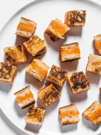 Grilled Cheese Croutons on a white plate