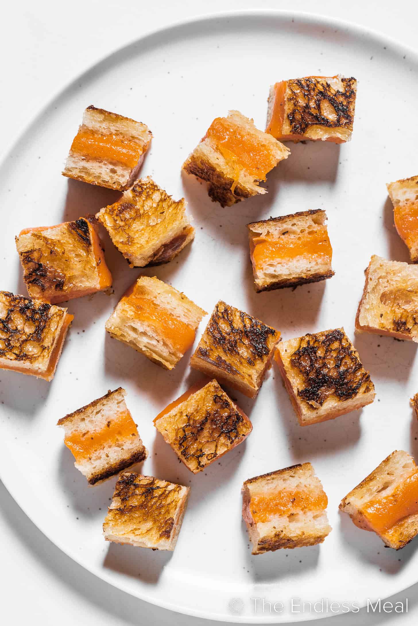 Grilled Cheese Croutons on a white plate