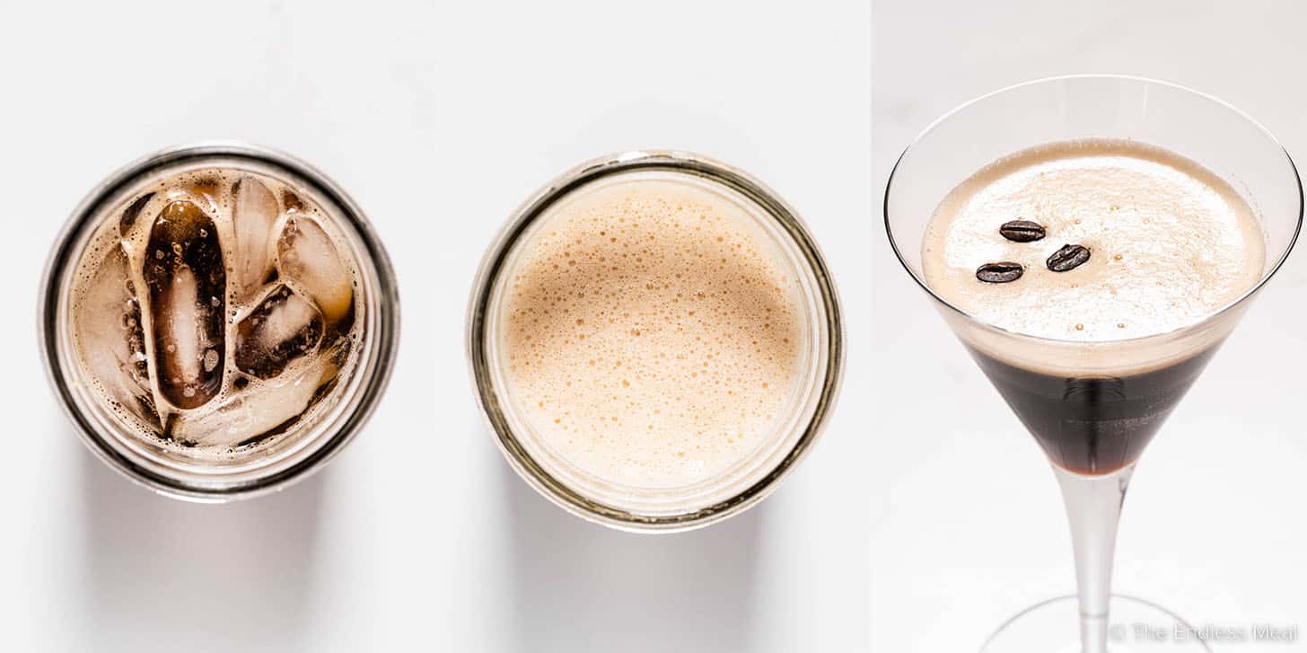 Three pictures showing how to make an espresso martini