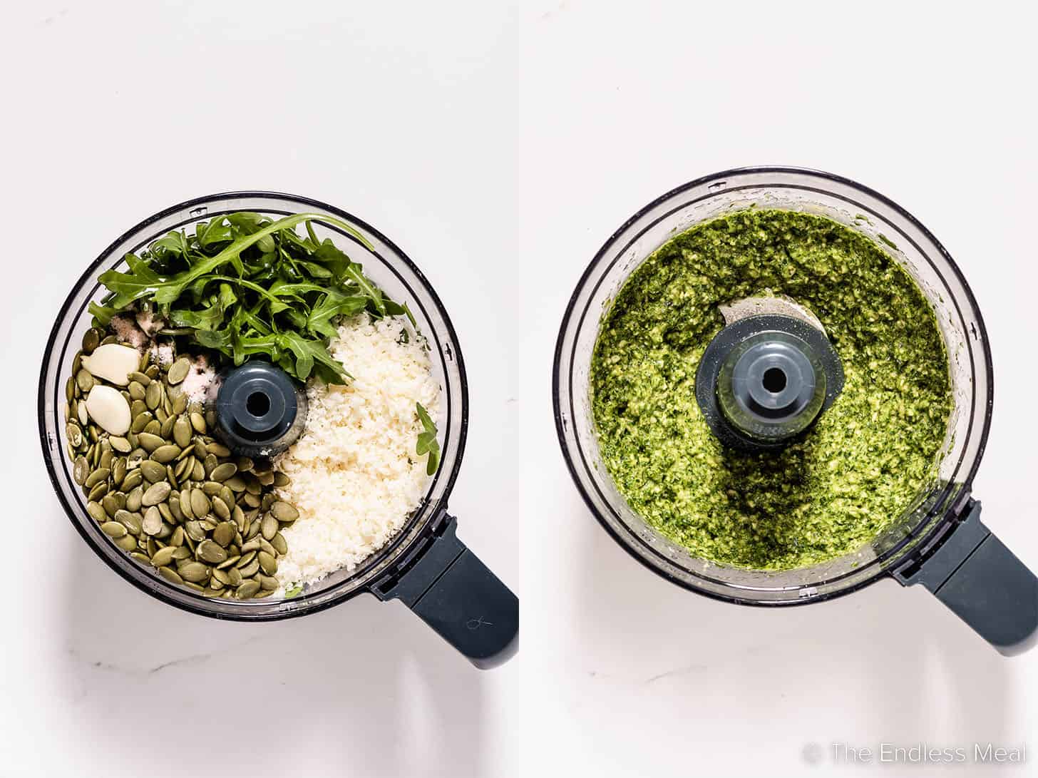 Two pictures showing how to make Arugula Pesto