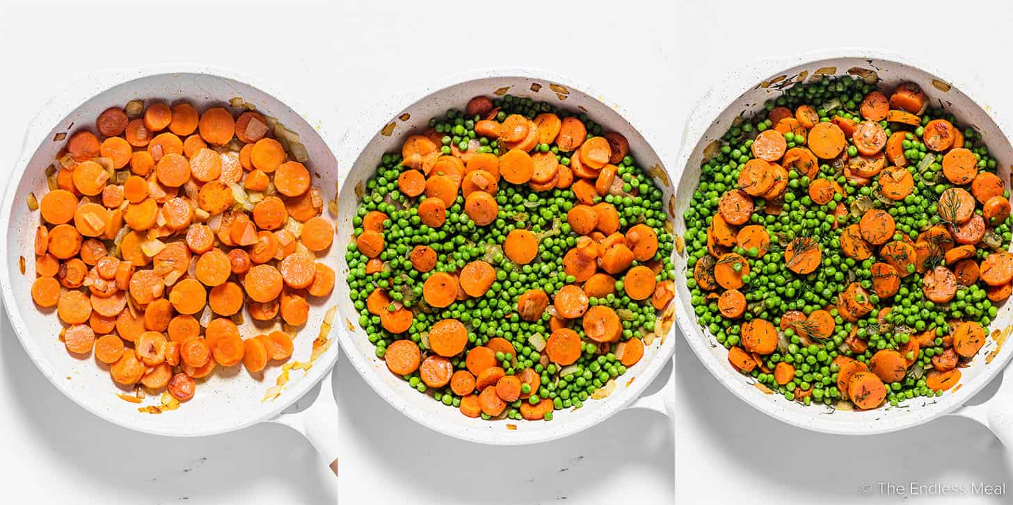 three pictures showing how to make peas and carrots