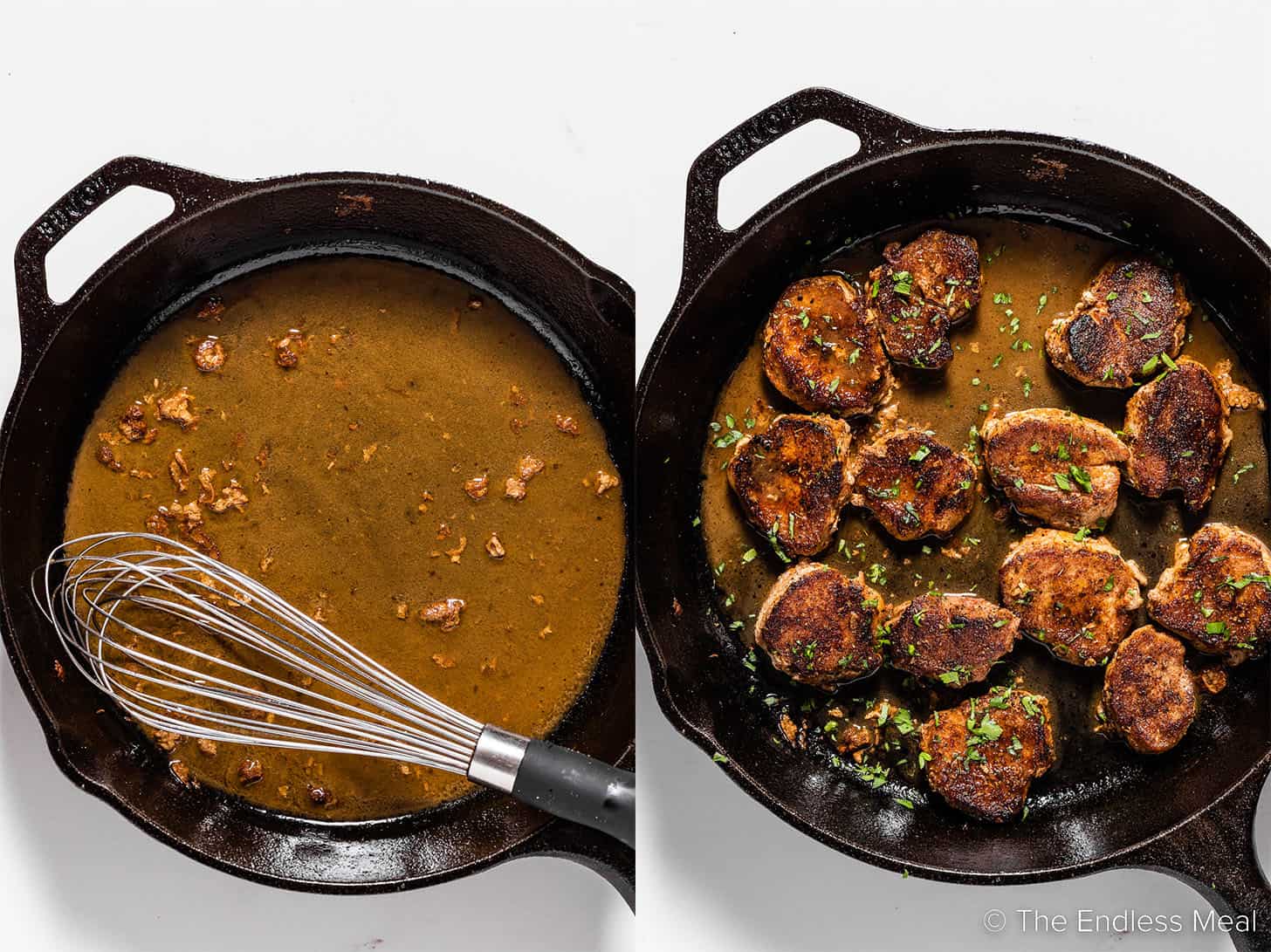 two pictures showing how to make pork medallions