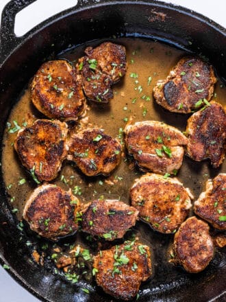 Pork Medallions in a cast iron pan