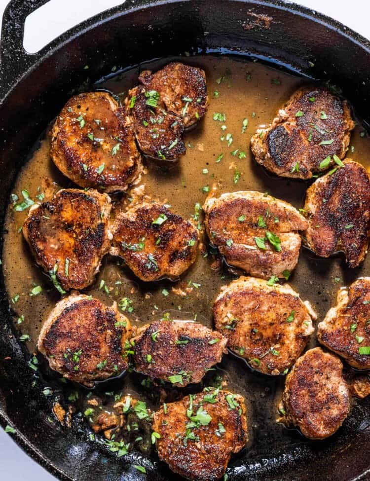 Pork Medallions in a cast iron pan