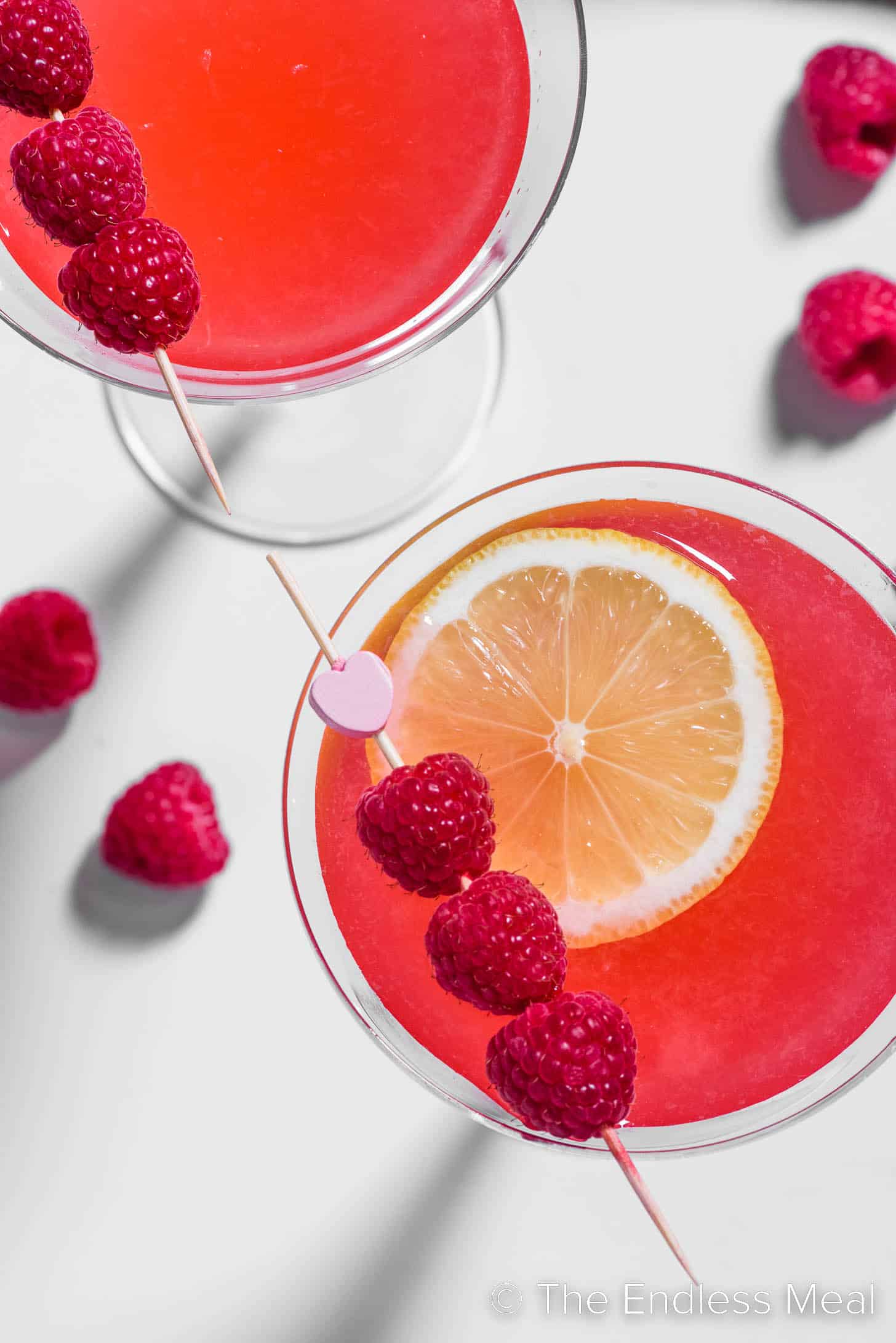 Looking down on two Raspberry Martinis