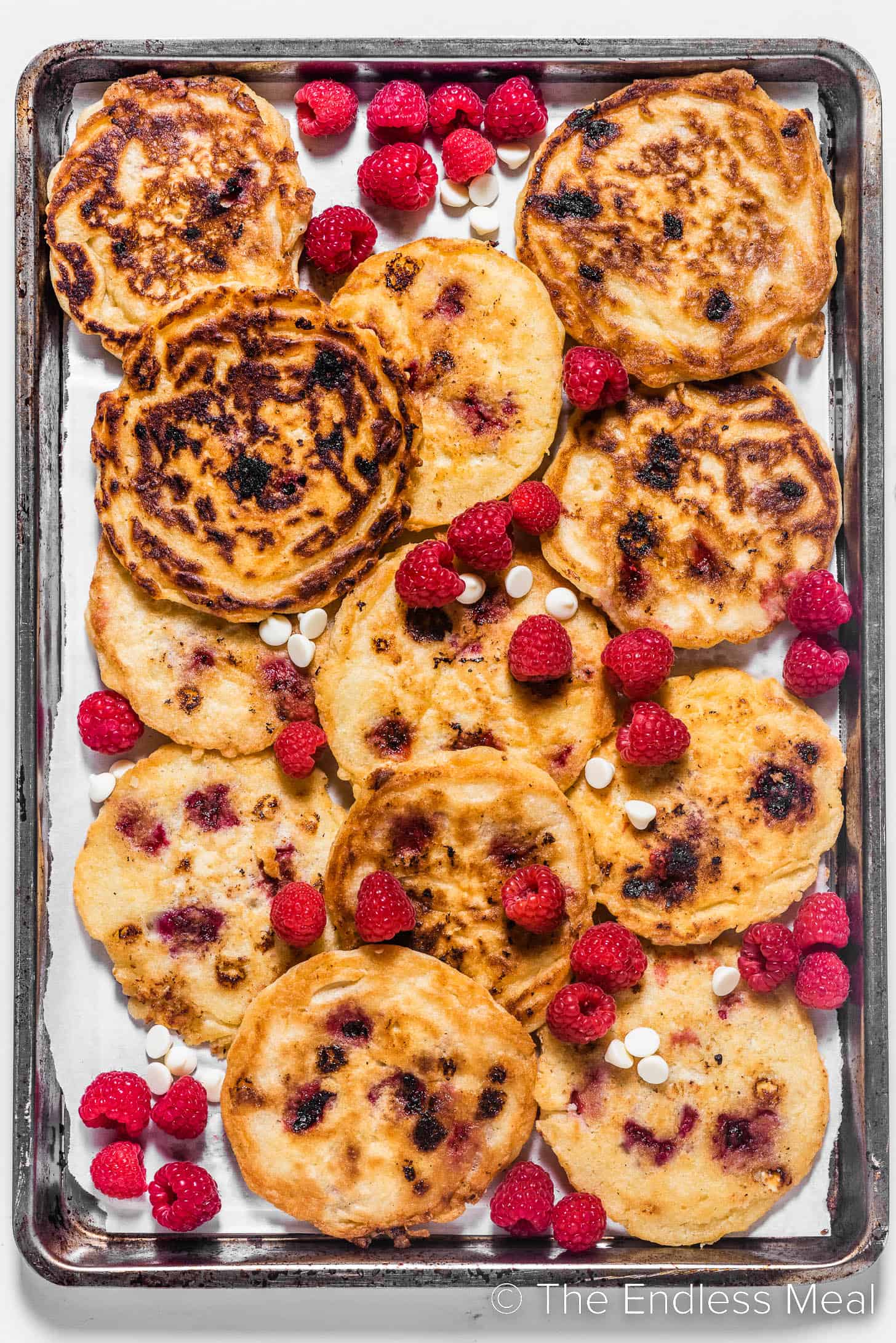 Raspberry Pancakes on a baking sheet