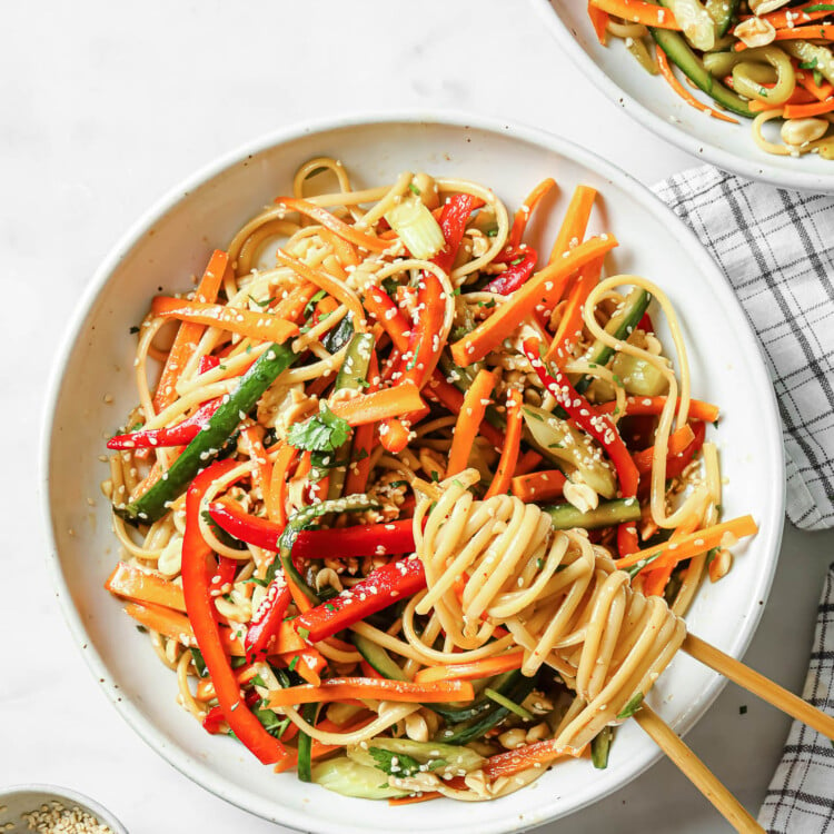 Asian Noodle Salad with chopsticks in a bowl.