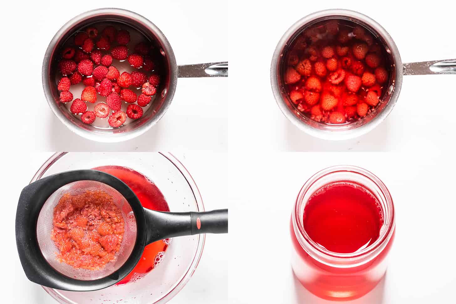 four pictures showing how to make raspberry simple syrup