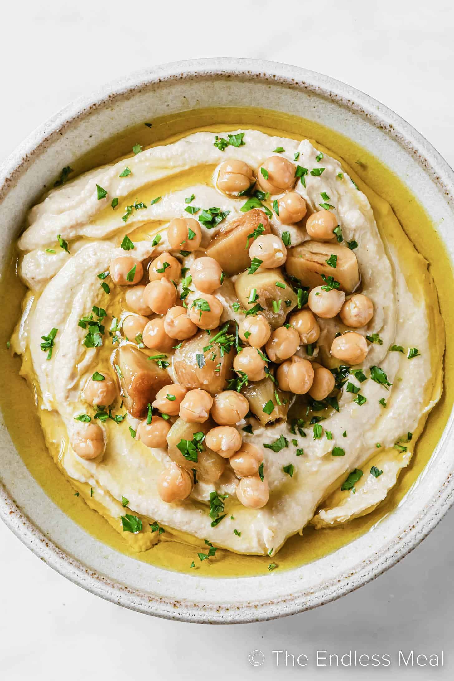Roasted Garlic Hummus in a serving bowl