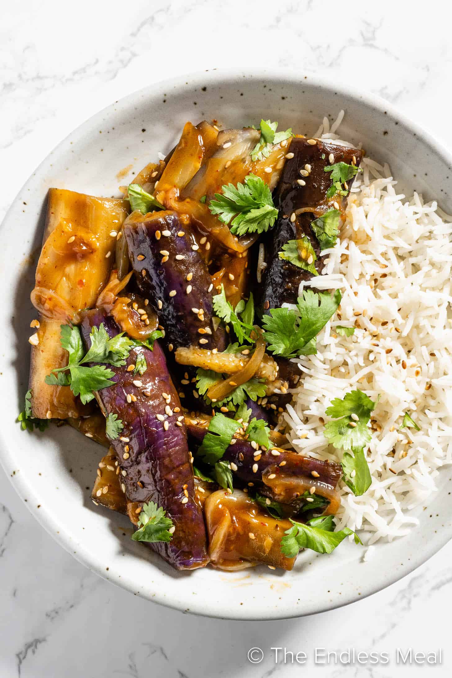 a close up of this Asian braised eggplant on a plate with rice.