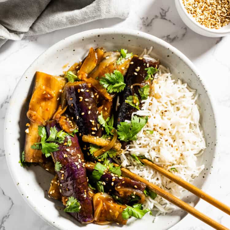 This Asian Eggplant Recipe in a bowl with rice