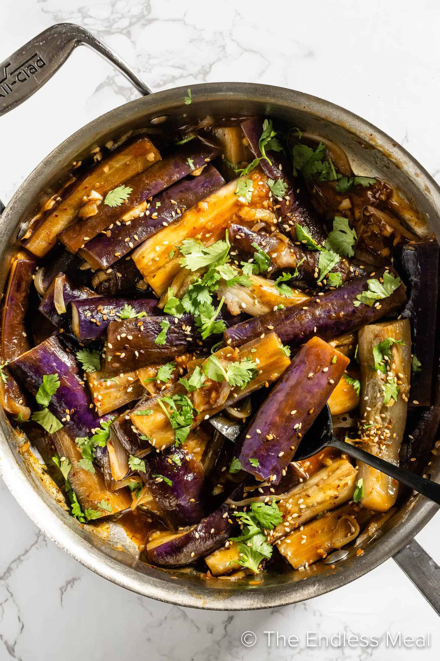 a close up of this Asian Eggplant Recipe in a pan