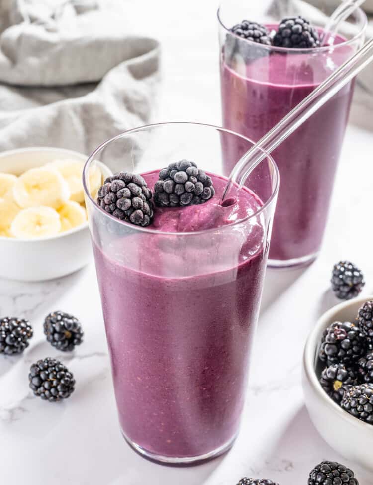 A Blackberry Smoothie in a tall glass