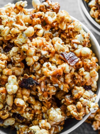 A close up of Bacon Caramel Popcorn in a bowl