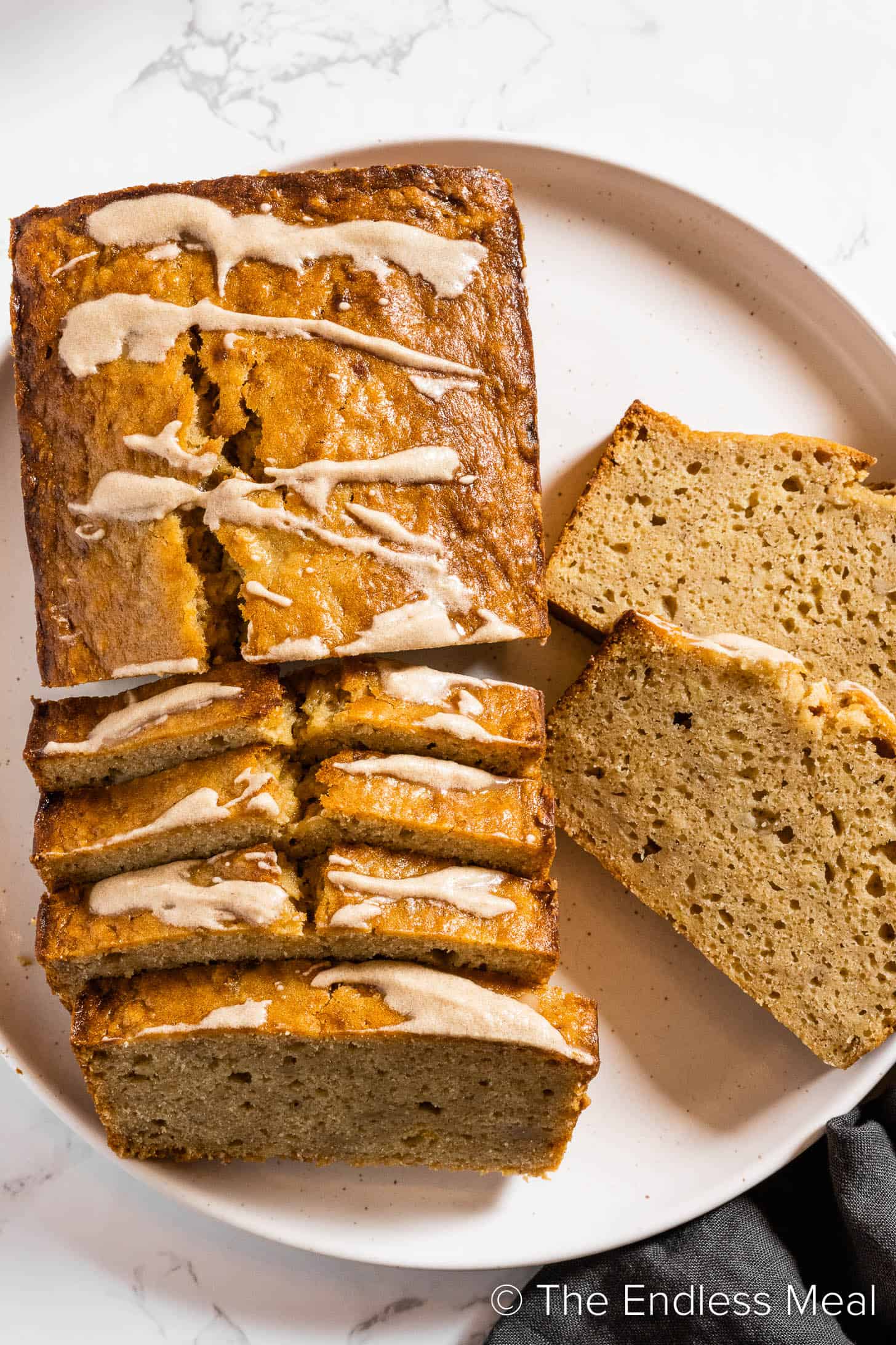 A serving plate with Brown Butter Banana Bread