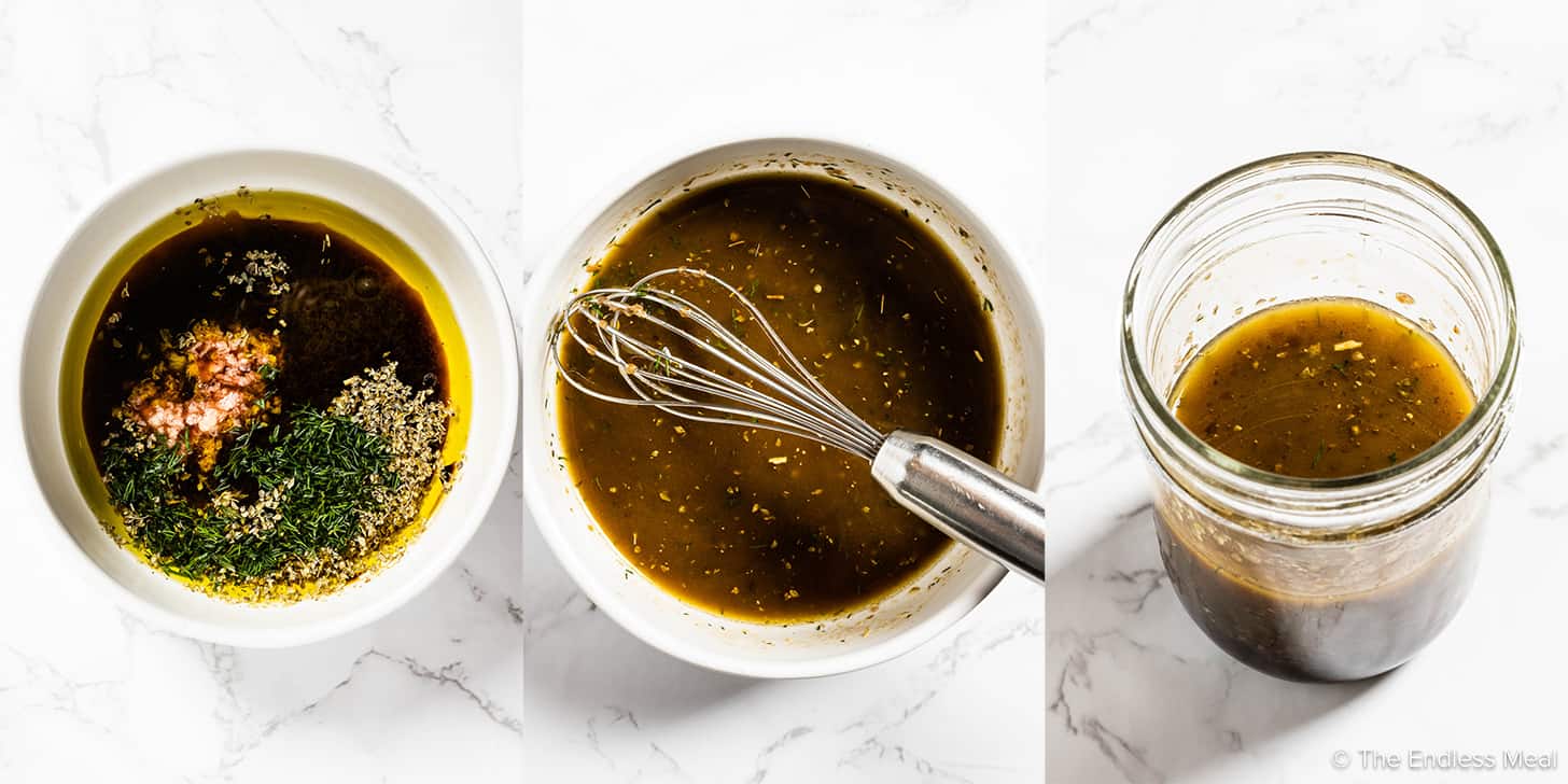 Three pictures showing how to make Greek salad dressing