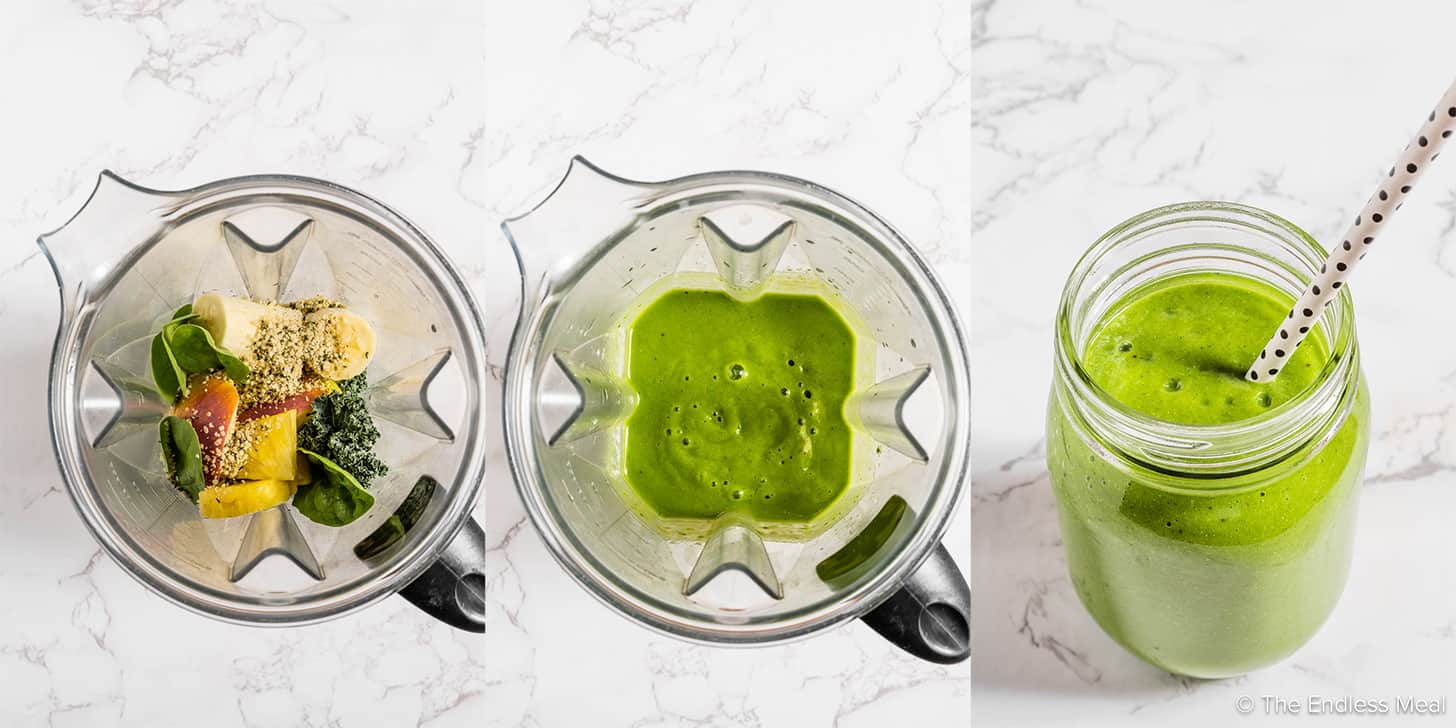 Three pictures showing how to make a Breakfast Smoothie.