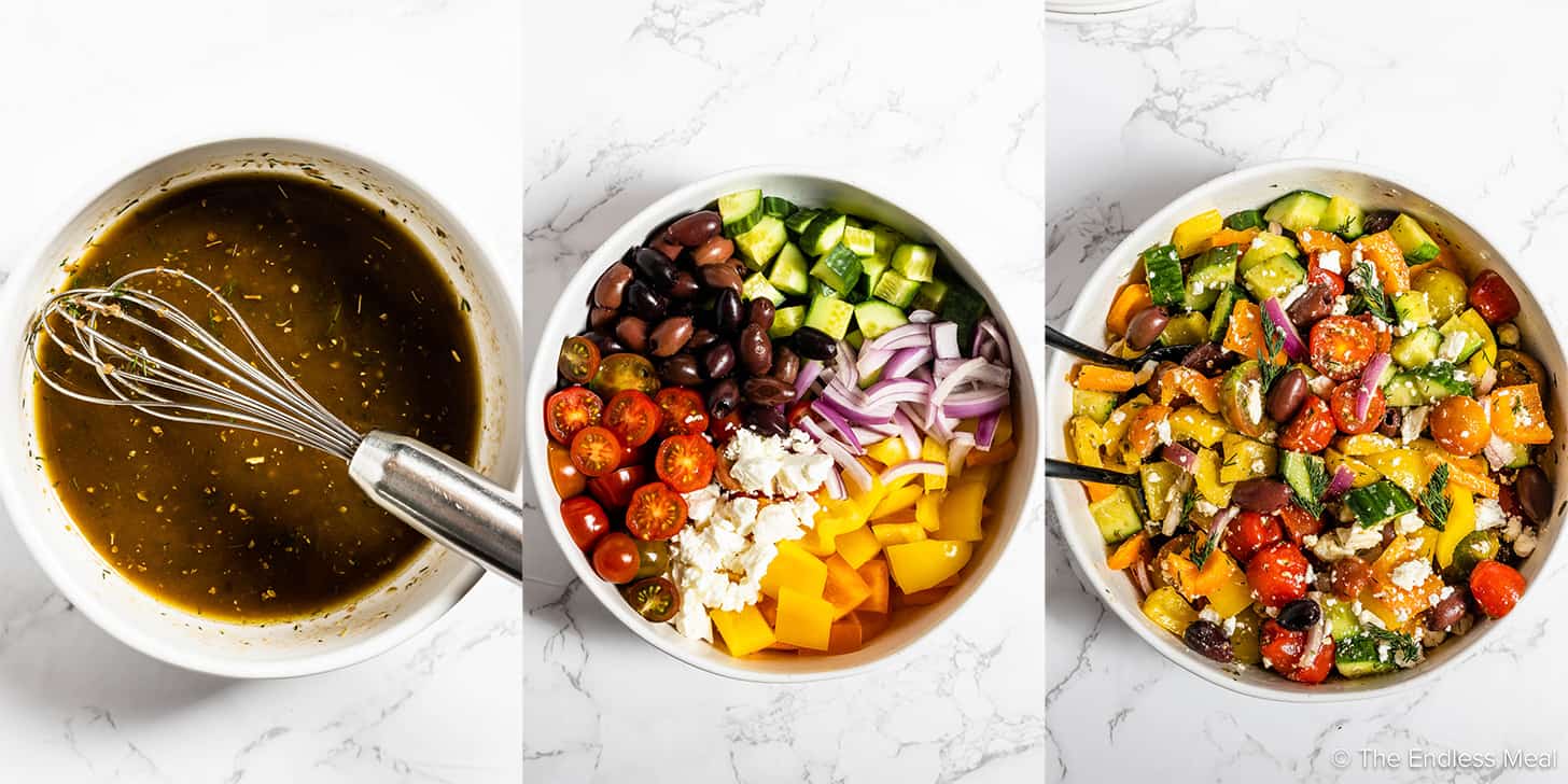three pictures showing how to make greek salad