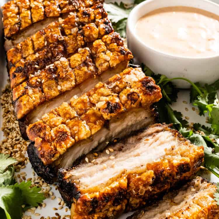 Maple Glazed Pork Belly on a platter with chipotle mayo