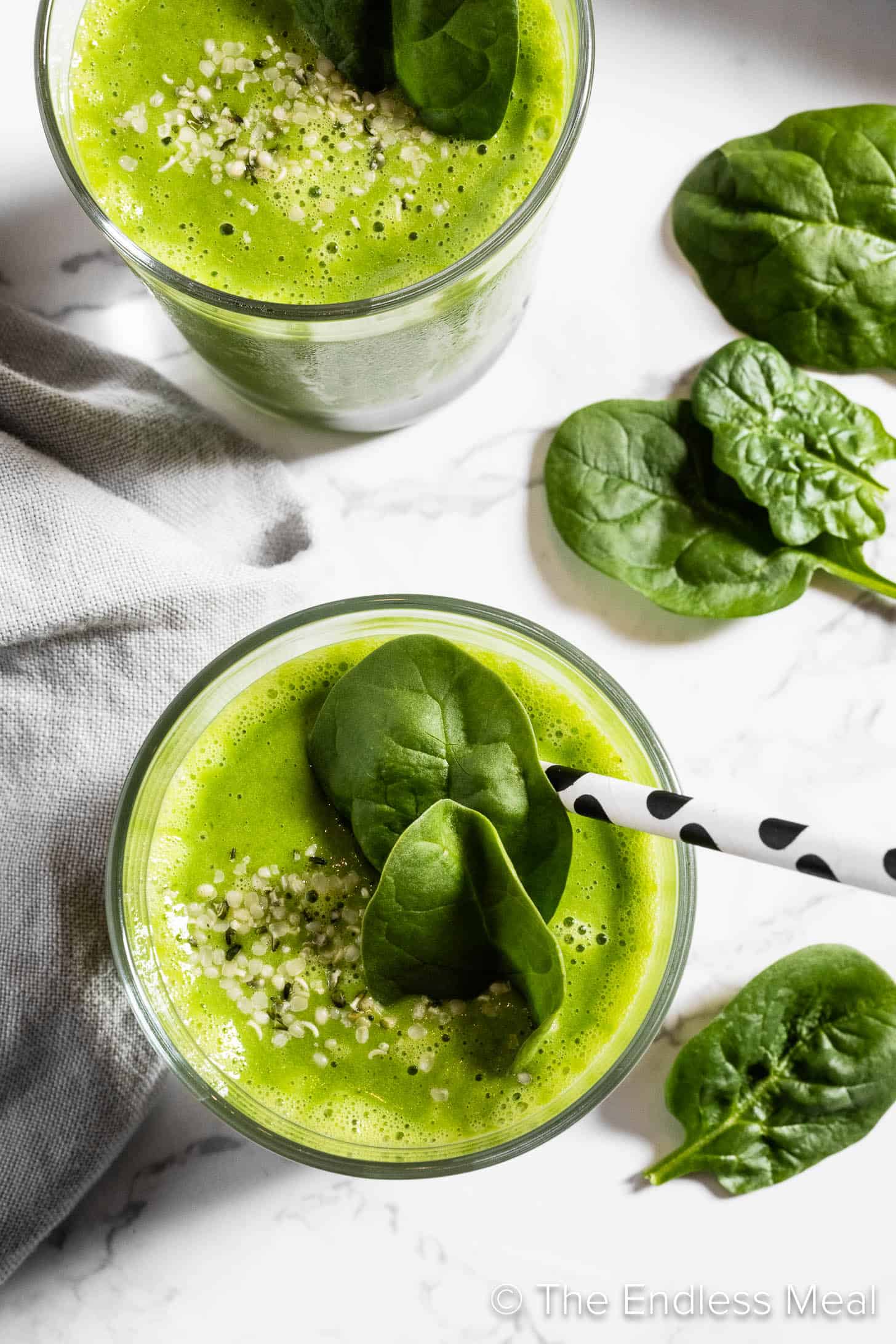 Looking down on a Spinach Smoothie for breakfast