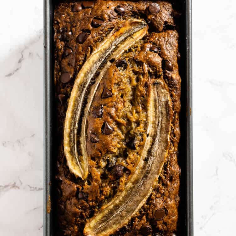 Looking down on 6 Banana Bread in a loaf pan