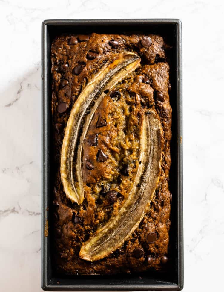 Looking down on 6 Banana Bread in a loaf pan