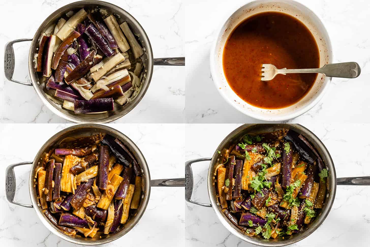 Four pictures showing how to make this Asian Eggplant Recipe