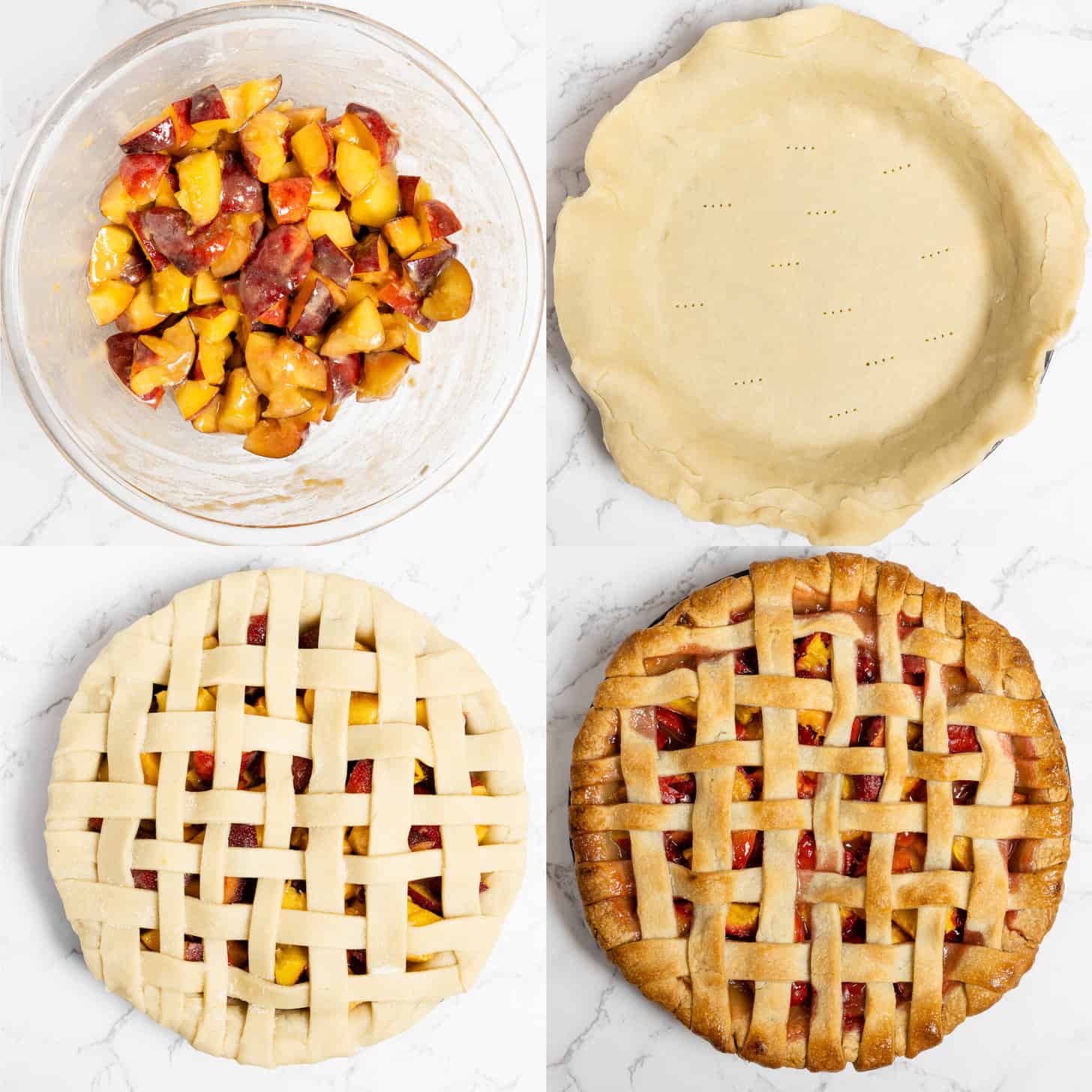 four pictures showing how to make easy peach pie