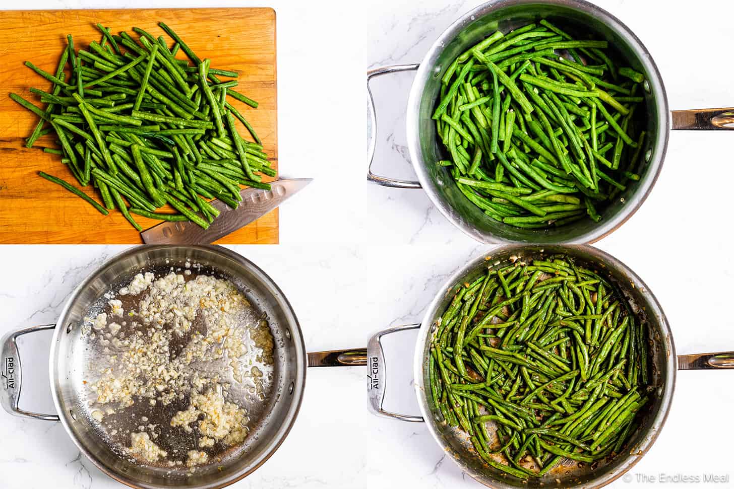 four pictures showing how to make this long beans recipe