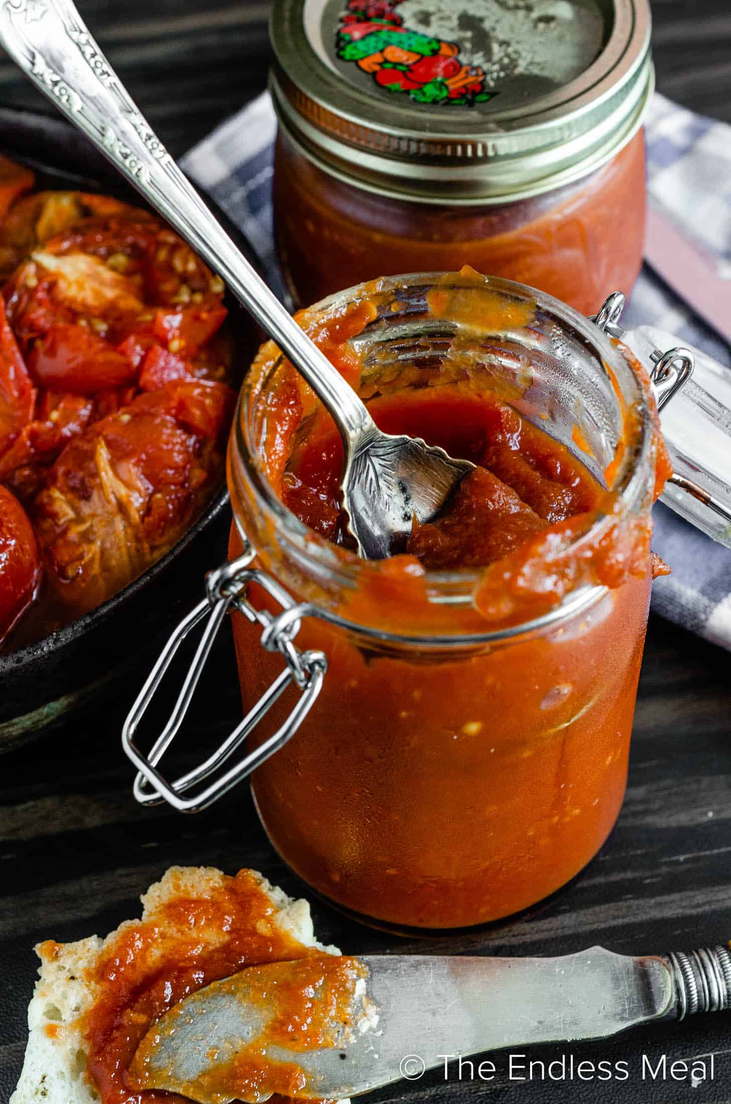 Spicy Tomato Jam in a glass jar. 